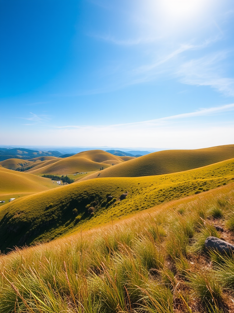 Create a high-resolution image of a serene landscape featuring rolling hills and a bright blue sky, shot with a 50mm lens at f/8, ISO 100, with a dynamic range that captures both the foreground details and vibrant colors in the background, using a DSLR camera in landscape mode.