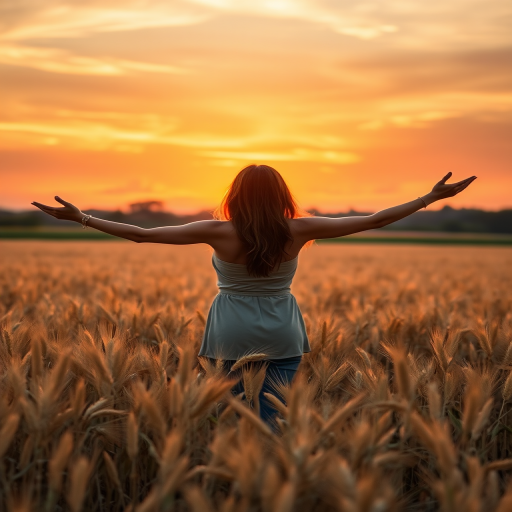 Golden wheat field at sunset, with the sky ablaze in vibrant colors, a woman stands among the tall stalks, her arms outstretched as she spins slowly, basking in the warmth of the setting sun.