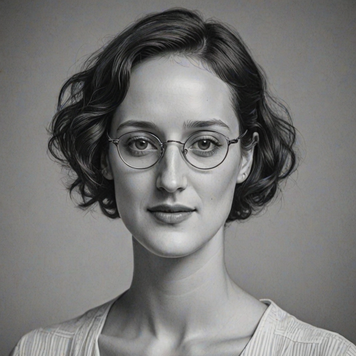 Beauteous Phoebe Waller-Bridge, pencil sketch, portrait of Magnificent woman 1932s in glasses, hair style beatnik, outline, clear lines, fine lines, 8k
