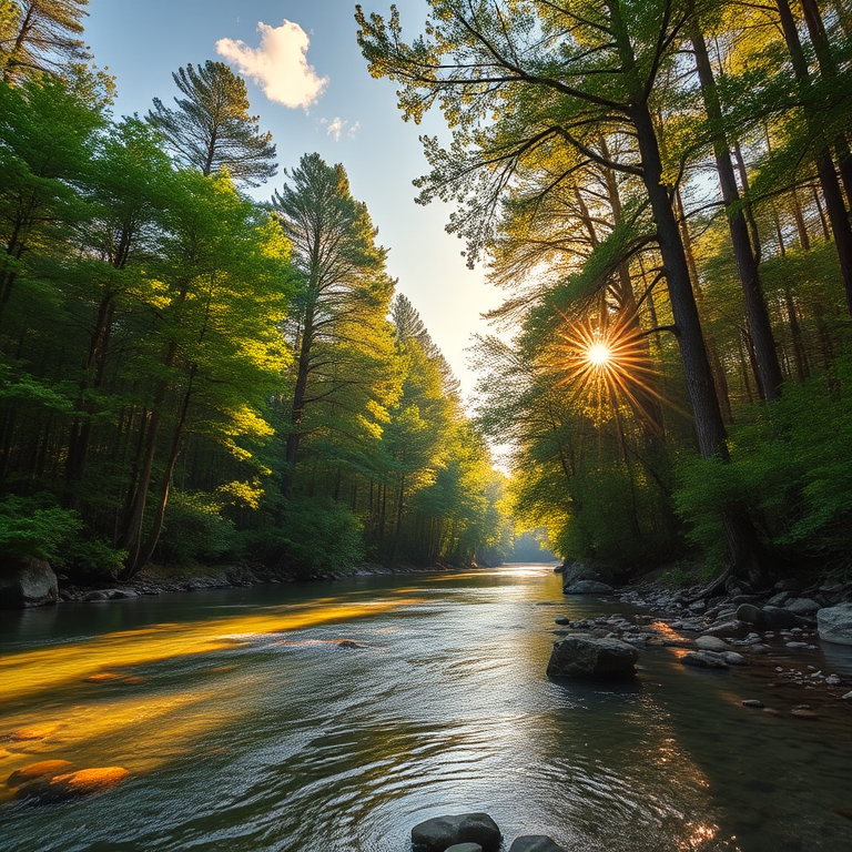 Create an image of a serene, sunlit forest scene with a clear, gently flowing river. Tall trees with lush green foliage line both sides of the river, their leaves bathed in the warm golden light of the setting or rising sun. The sunlight filters through the trees, casting soft, dappled light on the river, which flows over smooth rocks and pebbles, creating a peaceful, natural atmosphere. The sky is bright with a few scattered clouds, and the overall mood is tranquil, evoking a deep sense of connection with nature. The image captures the beauty of a calm, pristine forest landscape at either dawn or dusk.