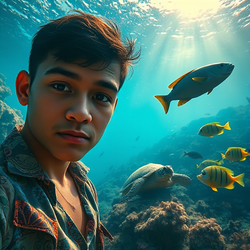 Realistic selfie image of a Tongan, wearing a vintage outfit, detailed dreamy eyes, droopy hooded eyes, staring at the camera, taken underwater at coral reef with a sunbeam filtering through the water, vibrant, summer vacation, natural lighting, turtle and school of tropical fish with vibrant colors, rendered in the style of CryEngine, Pegi Nicol MacLeod, with realistic genre scenes, hauntingly beautiful narratives, ultra-realism, and Thomas Saliot's close-up technique, 8K resolution, crystal clear and sparkling water.