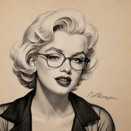 Beauteous Marilyn Monroe, pencil sketch, portrait of Stunning woman 1932s in glasses, hair style beatnik, outline, clear lines, fine lines, 8k