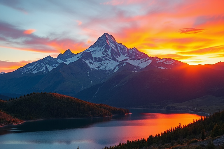 Create a detailed and vibrant illustration of a majestic mountain landscape during sunrise, capturing the colorful sky and the reflection on a serene lake in the foreground, shot with a Canon EOS R5, 24mm lens, f/8 aperture, ISO 100, and a wide-angle perspective for enhanced depth.