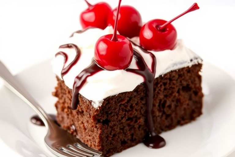 Chocolate cake slice topped with whipped cream and cherries, drizzled with chocolate sauce, placed on a white plate with a fork beside it, against a light background.
