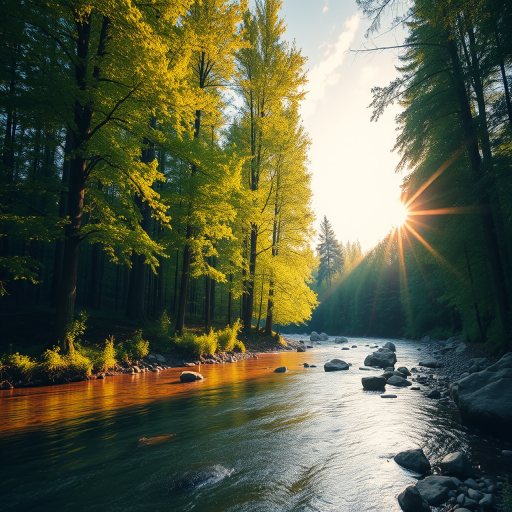 Create an image of a serene, sunlit forest scene with a clear, gently flowing river. Tall trees with lush green foliage line both sides of the river, their leaves bathed in the warm golden light of the setting or rising sun. The sunlight filters through the trees, casting soft, dappled light on the river, which flows over smooth rocks and pebbles, creating a peaceful, natural atmosphere. The sky is bright with a few scattered clouds, and the overall mood is tranquil, evoking a deep sense of connection with nature. The image captures the beauty of a calm, pristine forest landscape at either dawn or dusk.