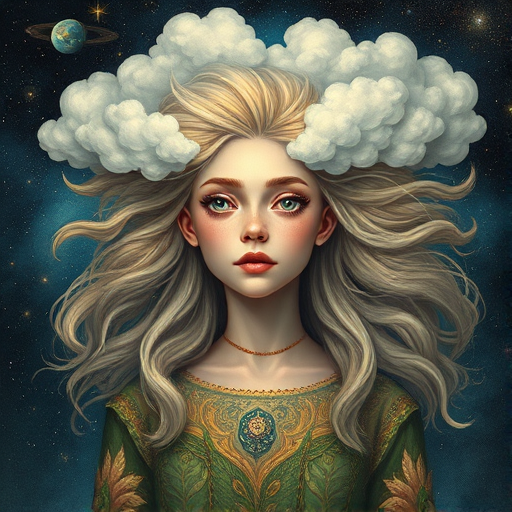 Create a series of imaginative portraits where each subject is infused with elements of fantasy and nature. The hair of the individuals should flow like clouds, varying from soft, fluffy cumulus to wispy cirrus strands, with hints of color reflecting a sunset or a clear blue sky. The eyes should be windows to entire galaxies, with stars, nebulae, and distant planets visible within them. Clothing should be adorned with nature motifs, such as floral patterns that bloom and change, vines that seem to grow and wrap around, or feathers that shimmer with iridescence. Each portrait should capture a unique personality, blending human features with the ethereal beauty of the natural and cosmic world. The backgrounds can vary, from starry night skies to enchanted forests, adding depth and context to the magical realism of the portraits