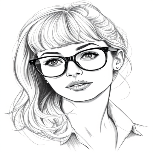 Beautiful Toni Collette, pencil sketch, portrait of beautiful woman 60s in glasses, hair style beatnik, outline, clear lines, fine lines, 8k