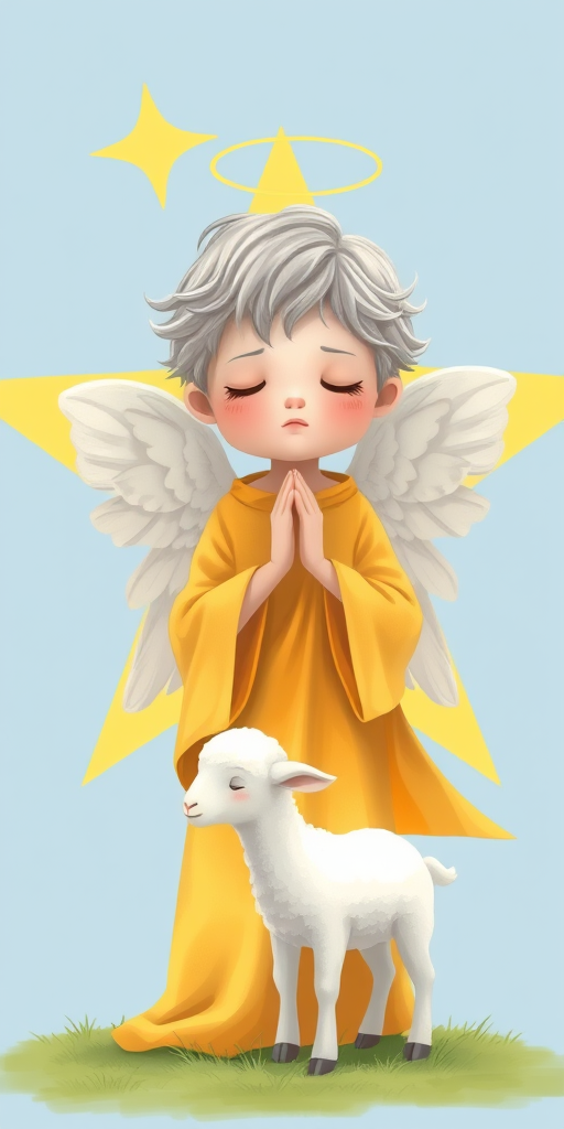 Create a high-resolution illustration of a praying angel with gray hair and a yellow robe standing next to a small lamb against a light blue background featuring a large yellow star, shot with a DSLR camera at f/2.8, ISO 100, 50mm lens, natural lighting, and a shallow depth of field.