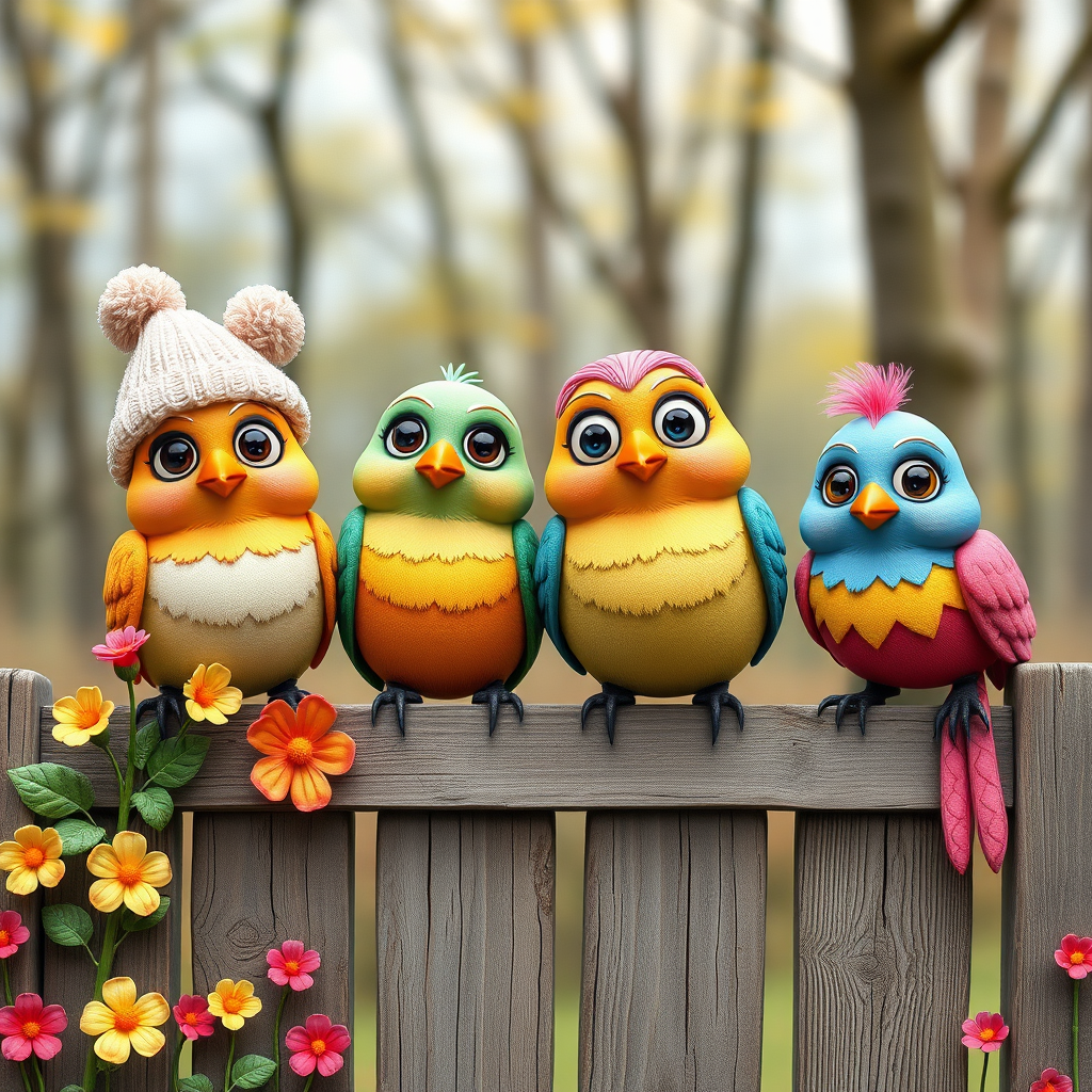 create a scene of 4 quirky  whimsical colourful comical birds each with a funny expression. they are sat on a wooden fence with colourful flowers. they are all different sizes. each one is a different colour  one is wearing a woolly hat. Each one has a different quirky google expression and there is a muted background of trees watercolour paintierly style high definition 8k resolution 3D paper mache