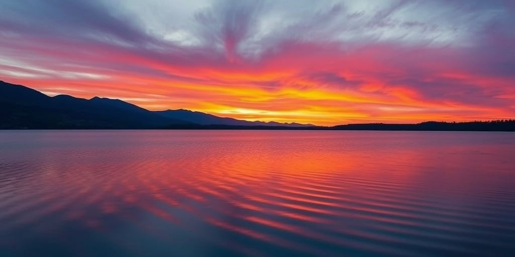 Generate a detailed landscape image capturing a serene lake at sunset, with vibrant orange and purple skies reflecting on the water, using a Canon EOS R5 at f/8, shutter speed 1/125s, ISO 100, flattened perspective for depth, employing a wide-angle lens to enhance horizon view.