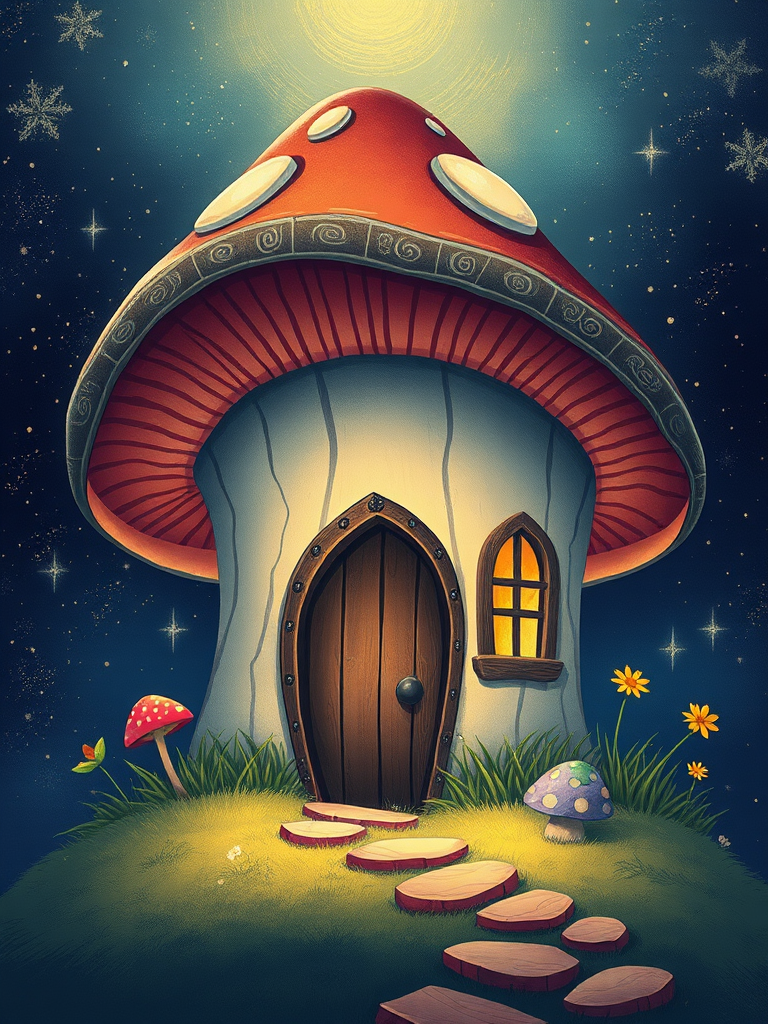 generate illustration of a mushroom house with a door and a window, a storybook , fantasy art, mushroom house, bg starry sky, sparkles