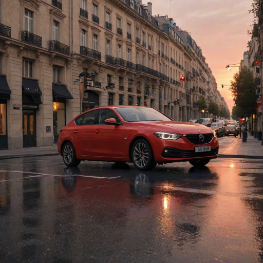 ((masterpiece, best quality)),In the evening, the sunset is reflected on the car, red car, the car is driving on the road, Dusk backlight, Street lights, street signs, parking signs, Render, UE5, Modernization, French architecture, bustling streets,