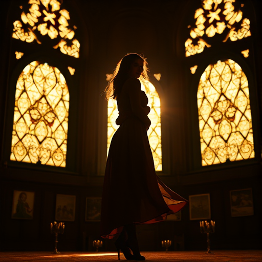 Regenerate a silhouette of a woman in a flowing dress standing gracefully in a dimly lit, ornate room with intricate stained glass windows, sunset light streaming through, shot with a Canon EOS R5, 50mm f/1.2 lens, aperture f/1.8, ISO 100, shutter speed 1/200s, backlit with soft bokeh effect.