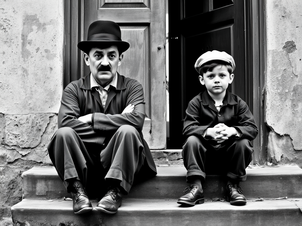 A black-and-white photograph of a man and a child sitting on steps in front of a doorway. The man is dressed as a tramp with a bowler hat, mustache, and ragged clothes, reminiscent of Charlie Chaplin's iconic look. He is sitting with his arms crossed and an expression of slight sadness or frustration. Next to him is a young boy, also in worn clothes and a cap, sitting with his hands clasped, looking thoughtful. The background is an old, textured wall and a partially open door, creating a vintage, early 20th-century atmosphere.