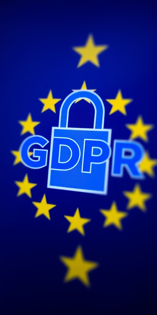 Generate a high-resolution image of a logo featuring the text "GDPR" in blue with a padlock and golden stars in the background, captured with a Canon EOS R5, 50mm lens, aperture f/1.8, ISO 100, with a soft focus effect.