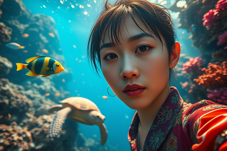 Realistic selfie image of a Chinese, wearing a vintage outfit, detailed dreamy eyes, droopy hooded eyes, staring at the camera, taken underwater at coral reef with a sunbeam filtering through the water, vibrant, summer vacation, natural lighting, turtle and school of tropical fish with vibrant colors, rendered in the style of CryEngine, Pegi Nicol MacLeod, with realistic genre scenes, hauntingly beautiful narratives, ultra-realism, and Thomas Saliot's close-up technique, 8K resolution, crystal clear and sparkling water.