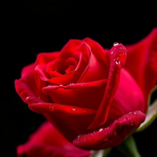 close-up of a blooming red rose with dewdrops, macro lens, f/2.8 aperture, 50mm, 1/200 sec, natural light, DSLR camera, shallow depth of field, rich colors, detailed texture, dark background for contrast