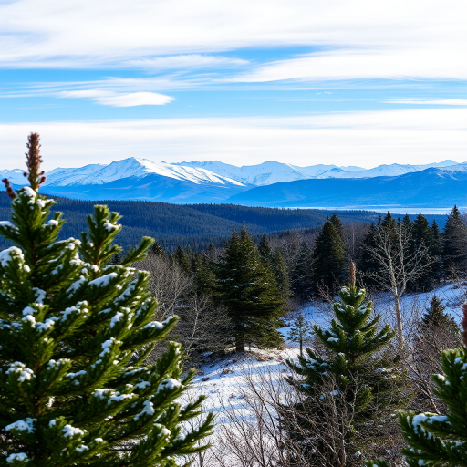 snow-covered landscape with trees in foreground and mountains in background, captured with a DSLR camera, 50mm lens, aperture f/8, shutter speed 1/125s, ISO 100, wide-angle view, natural lighting