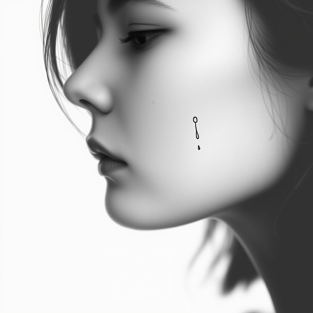 Create a minimalist line drawing of a woman's face in profile with a tear falling from her eye, using a soft focus effect, shot with a Canon EOS R5 at f/1.8, 50mm lens, natural light, and a high contrast monochrome style.