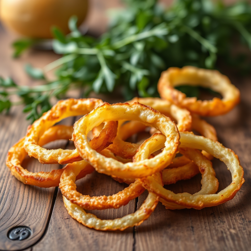 macro shot of crispy onion rings arranged on a rustic wooden table with fresh herbs in the background, natural lighting, aperture f/2.8, ISO 100, 50mm lens, shallow depth of field, DSLR camera