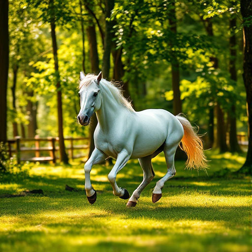 A majestic white horse galloping through a lush green forest clearing with dappled sunlight filtering through the trees, taken with a Canon EOS R5, 85mm lens, f/2.8 aperture, ISO 200, with a focus on vibrant colors and soft background blur.