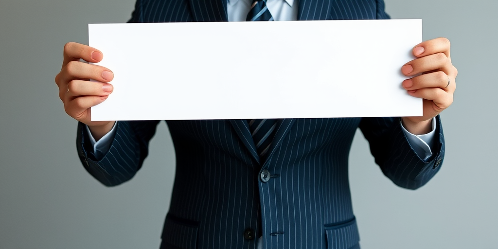 A business professional in a pinstripe suit holding a blank white canvas in front of their torso, captured with a Canon EOS R5, 50mm lens, aperture f/2.8, ISO 100, natural light, centered composition, high resolution.