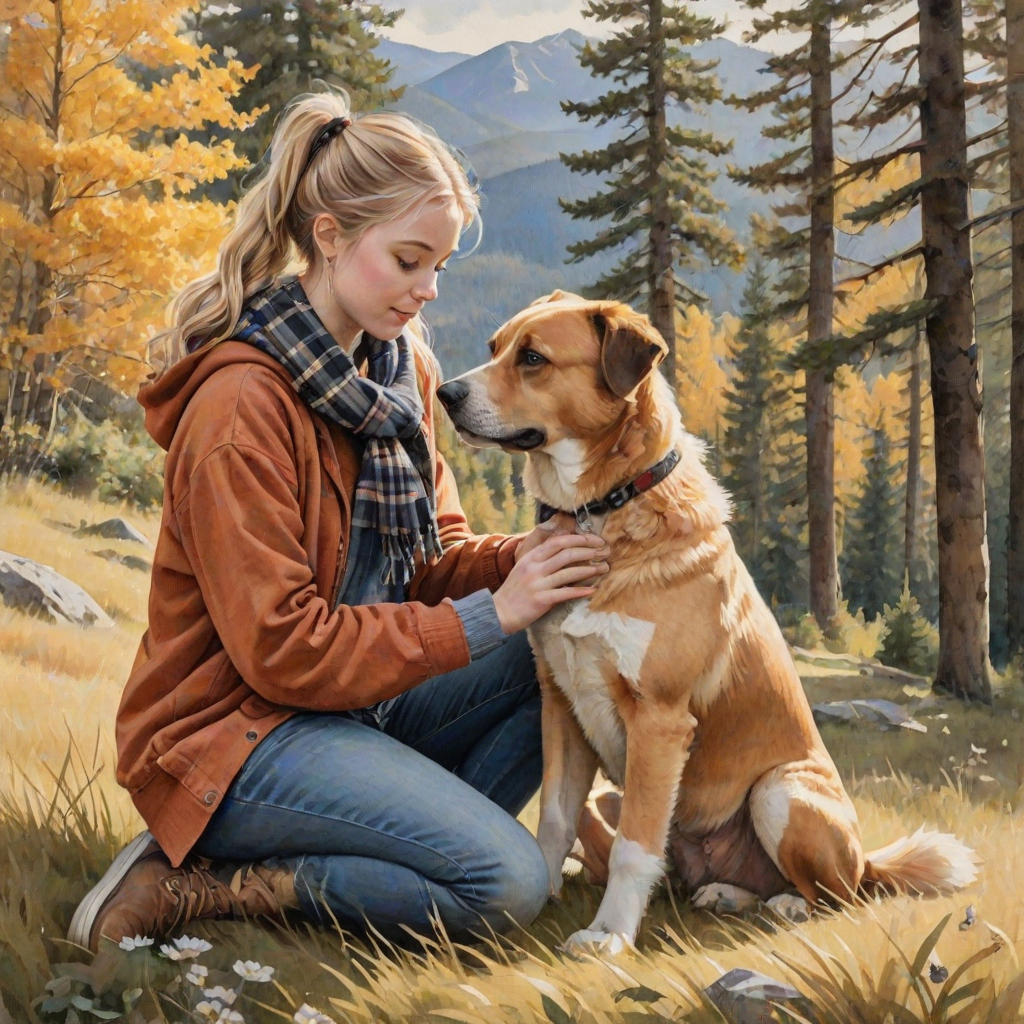 A detailed watercolor and acrylic illustration showing a heartwarming scene between a young blonde girl in pigtails and a Bearnaise Mountain dog. The girl, dressed in a rust hoodie, jeans, and a plaid scarf, gently rests her hand on the dog’s head. The dog, with black, copper, and white fur, sits beside her, tilting its head in affection. They sit on golden grass with wildflowers, against a sunny fall background. The artwork focuses on realistic textures and the tender bond between them.
