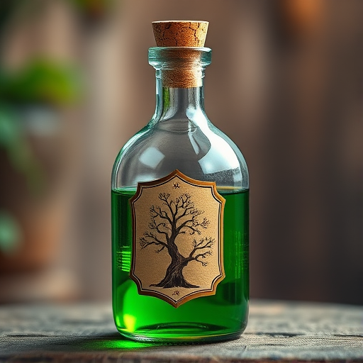 Create an illustration of a glass potion bottle with a cork stopper, filled with green liquid, featuring a label with a tree design, captured in high resolution with a macro lens, aperture f/2.8, ISO 100, natural lighting, and a soft focus background to enhance the image quality.