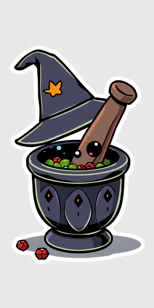 this photo is a kawaii Witch's spell ingredient mortar and pestle sticker, 3d digital art, grey background, sticker line weight