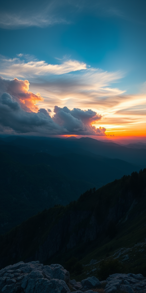 A high-resolution image of a scenic mountain landscape during sunset, captured with a Canon EOS R5, 24mm lens, f/8 aperture, ISO 100, using a wide-angle view to emphasize the expansive sky and dramatic clouds.