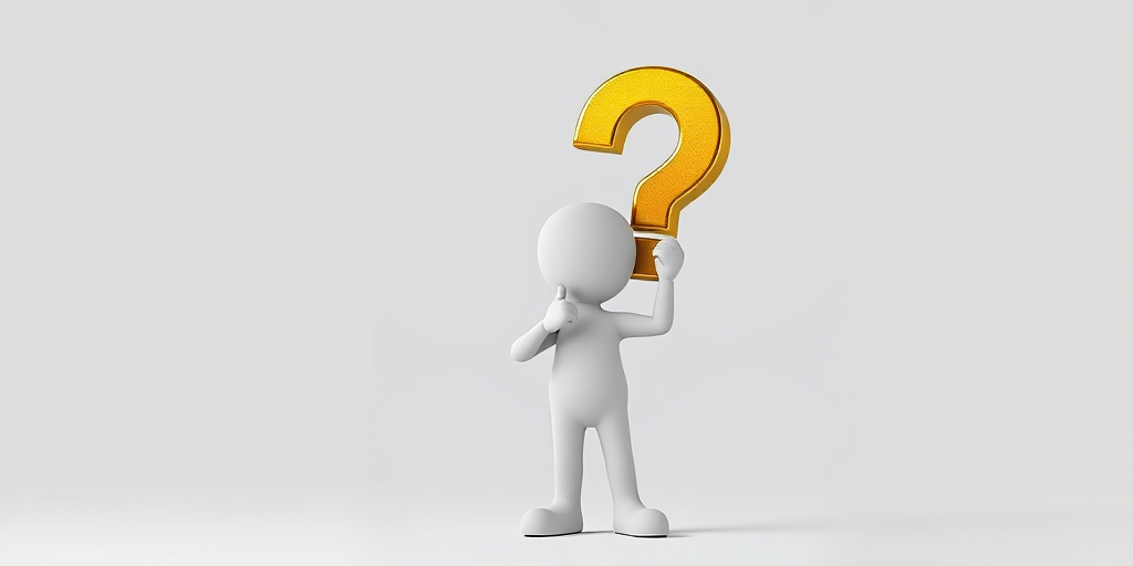 Create an image of a 3D character standing with a questioning pose with a large golden question mark above its head, using a Canon EOS R5 with a 50mm lens, f/1.8 aperture, ISO 100, and a shallow depth of field to enhance focus on the character against a soft white background.