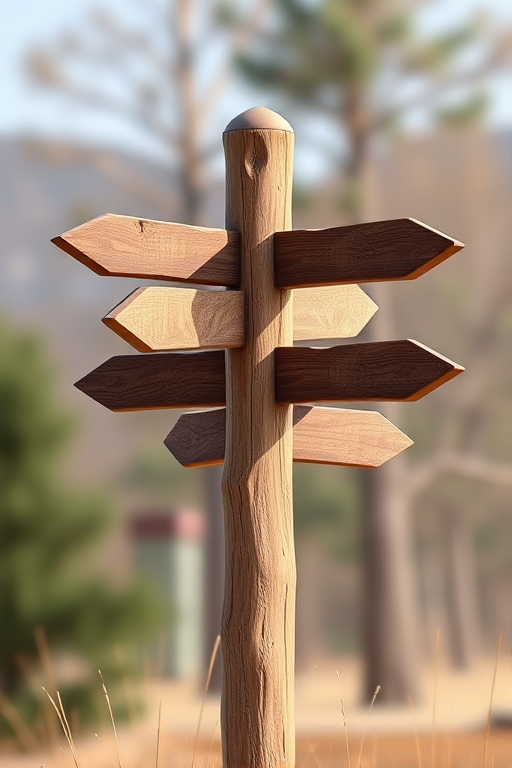 create a 3D illustration of a stylized wooden signpost with multiple directional arrows, set against a soft-focus natural background, using a DSLR camera with a 50mm lens, aperture f/2.8, ISO 100, and a shallow depth of field to enhance details and colors.