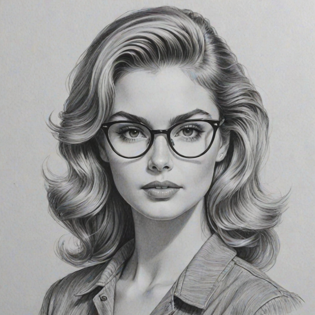 Magnificent Brighton Sharbino, pencil sketch, portrait of Gorgeous woman 1957s in glasses, hair style beatnik, outline, clear lines, fine lines, 8k