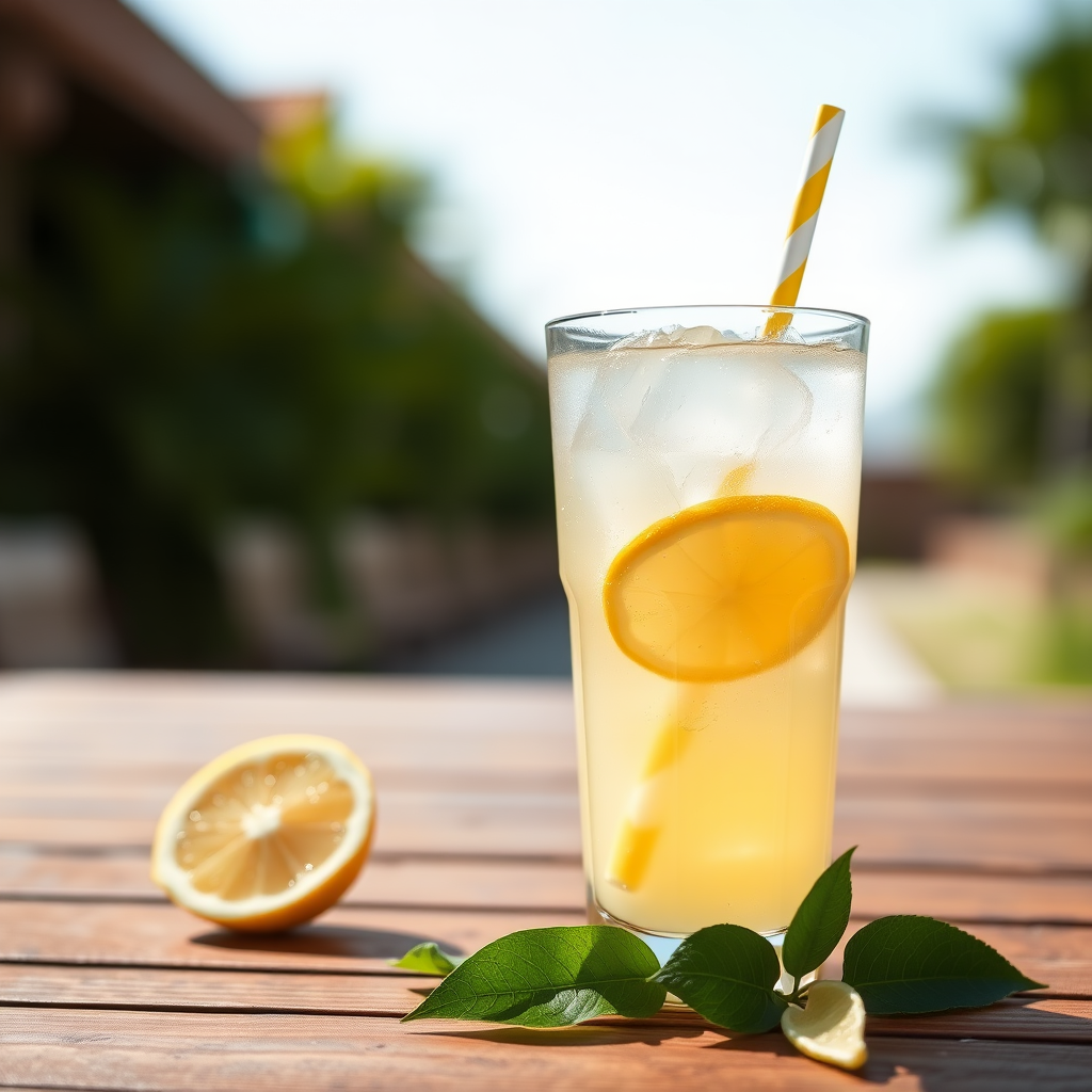 Create a high-resolution image of a refreshing lemon drink in a clear glass with ice cubes and a straw, front view, using a DSLR camera with a 50mm lens, aperture f/1.8, ISO 100, in natural sunlight for enhanced clarity and color vibrancy.