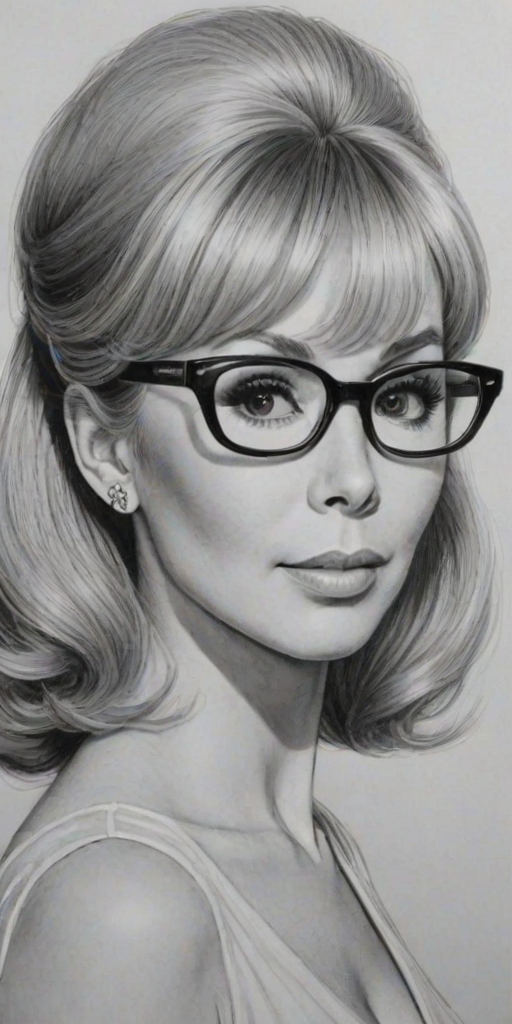 Wonderful Barbara Eden, pencil sketch, portrait of Splendid woman 1965s in glasses, hair style beatnik, outline, clear lines, fine lines, 8k
