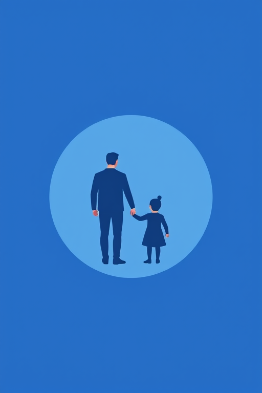 Create a minimalistic icon of a man and a child holding hands, centered within a circular blue background, using a 50mm lens at f/8, ISO 100, with a high Dynamic Range (HDR) effect, in a flat design style, captured with a DSLR camera.