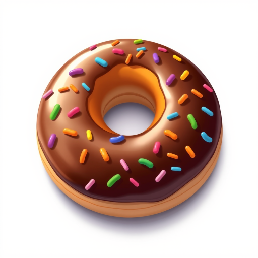 Create a high-resolution image of a cartoon donut with chocolate icing and colorful sprinkles, using a 35mm lens, f/2.8 aperture, ISO 100, overhead view, digital camera style, with vibrant colors and clear details.