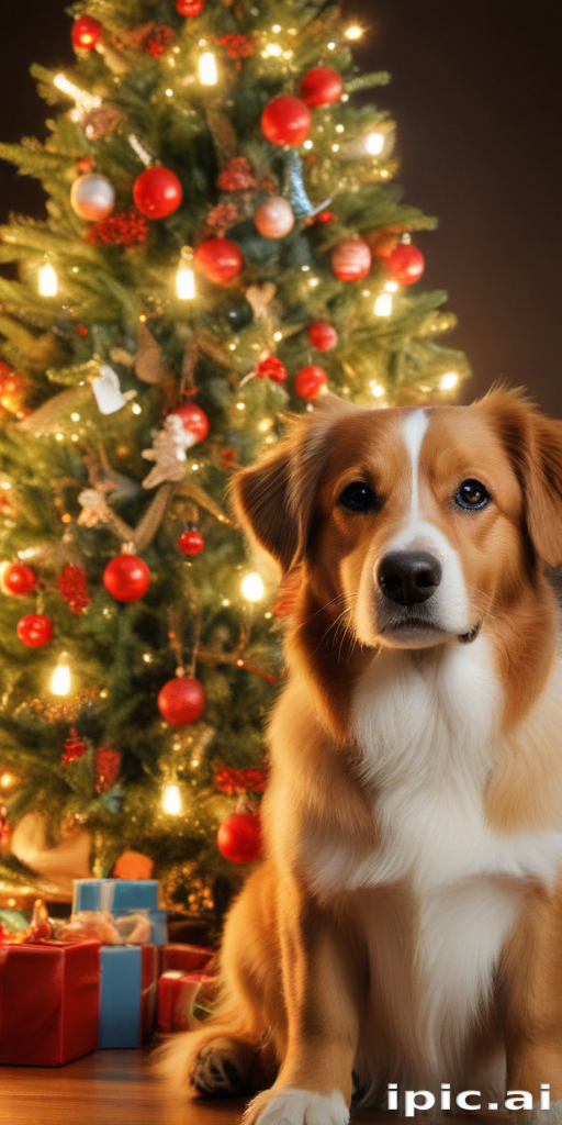 A Festively Decorated Christmas Tree with a Dog Sitting Nearby.