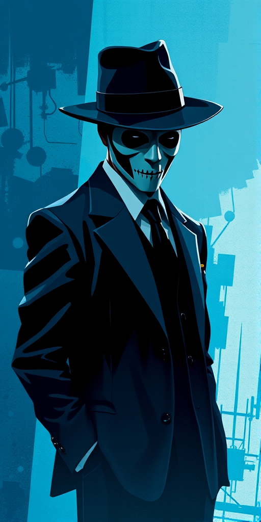 Create a high-resolution digital illustration of a mysterious figure in a suit and hat, with a stylized mask, against an abstract background of blue and geometric shapes, using a Canon EOS R5 camera, with a 50mm f/1.2 lens, aperture set to f/2.8, shutter speed 1/100s, ISO 200, and a portrait orientation.