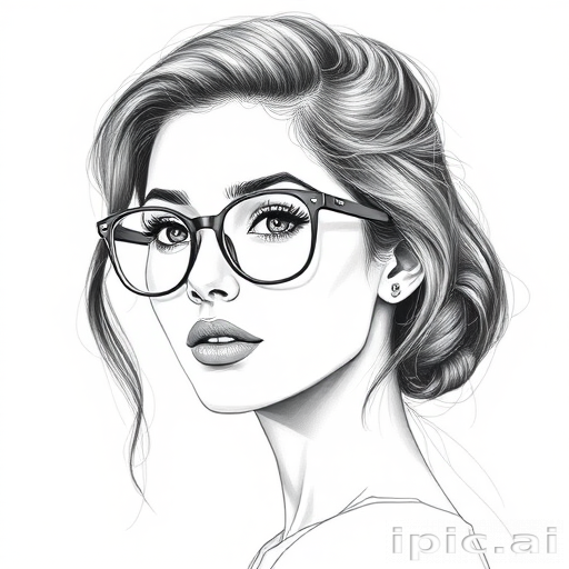 hot mia khalifa, pencil sketch, portrait of beautiful woman 60s in glasses, hair style beatnik, outline, clear lines, fine lines, 8k