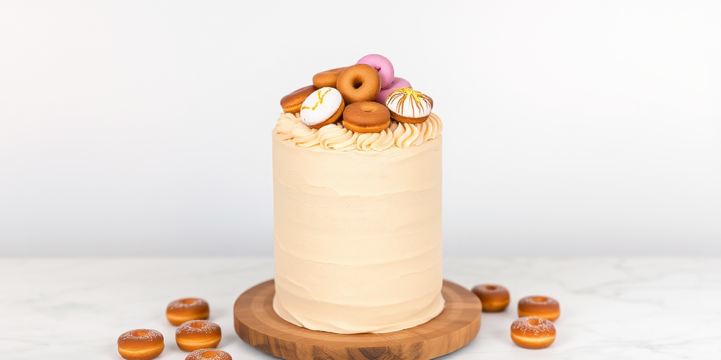 Create an image of a tall cake with smooth beige frosting topped with mini donuts and decorative swirls of frosting on a wooden cake stand surrounded by small donuts on a marble surface with a light background.