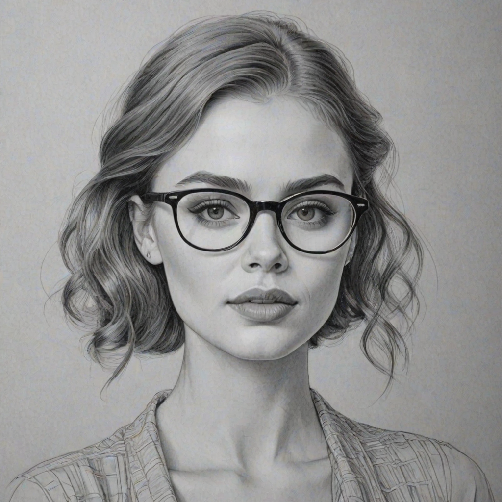 Enticing Holland Roden, pencil sketch, portrait of Beauteous woman 1928s in glasses, hair style beatnik, outline, clear lines, fine lines, 8k