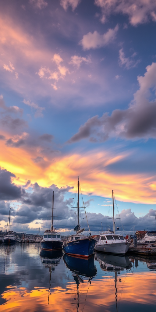 capture a picturesque harbor scene at sunset with dramatic clouds, featuring two boats reflecting in calm water, use a DSLR camera with a wide-angle lens, set aperture to f/8, ISO 200, shutter speed at 1/60 sec, shoot from a low angle to emphasize the boats and the vibrant sky.