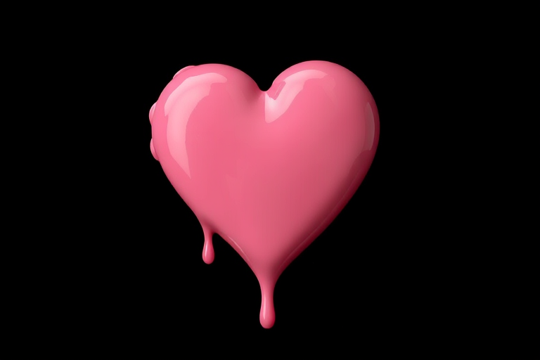 Create a dripping heart illustration with a glossy finish, medium pink color, on a solid black background, taken with a DSLR camera at f/2.8 aperture, ISO 100, 50mm lens, shooting from a top-down view for high detail and vibrant colors.