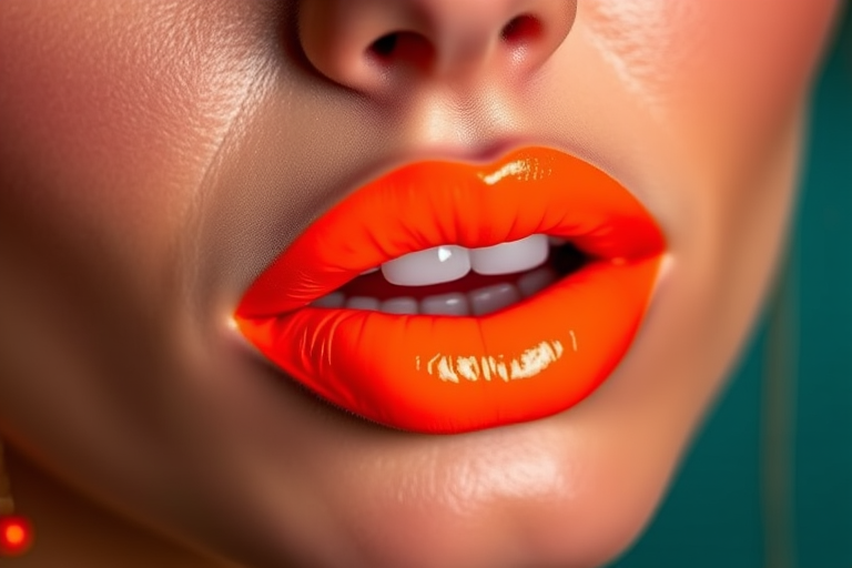 Daring "Electric Tangerine" neon lip stain with transfer-resistant technology, ultra-bright orange hue that lasts all day, making a bold fashion statement