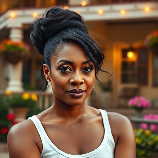 A photo of Taraji P. Henson with a background of a cozy porch. She has dark hair pulled back in an updo, with tendrils framing her face. She wears a white tank top and sits on the porch. The porch is part of a well-lit home with a warm, earthy tone and colorful flowers and foliage. The overall scene has a warm, welcoming, and comfortable ambiance.