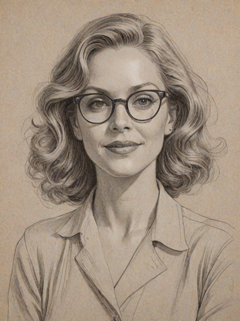 Graceful Ally Walker, pencil sketch, portrait of Wonderful woman 1931s in glasses, hair style beatnik, outline, clear lines, fine lines, 8k