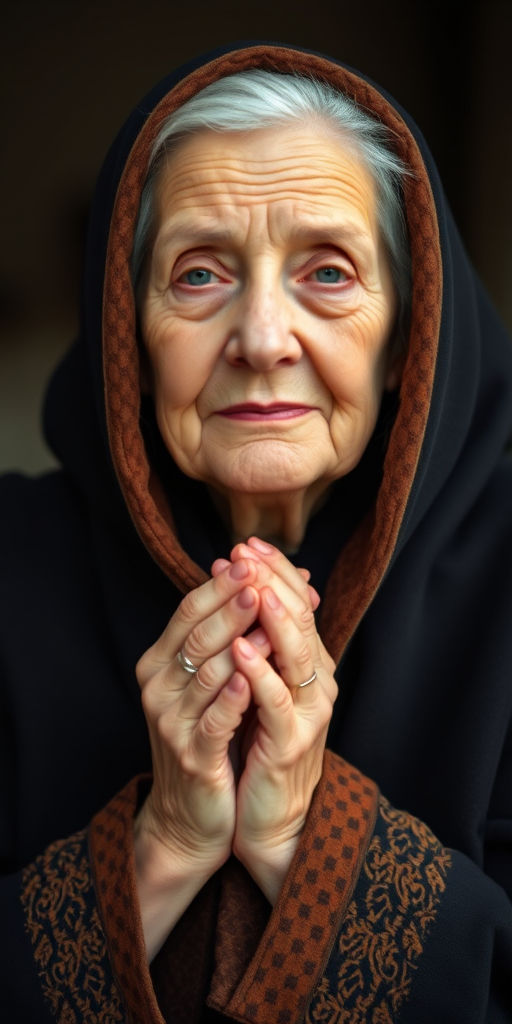 Create a portrait of an elderly woman in a black and brown cloak, hands clasped in prayer, soft natural lighting, shallow depth of field, shot from eye level, using a DSLR camera with a 50mm lens at f/1.8, ISO 200, and a warm color palette.