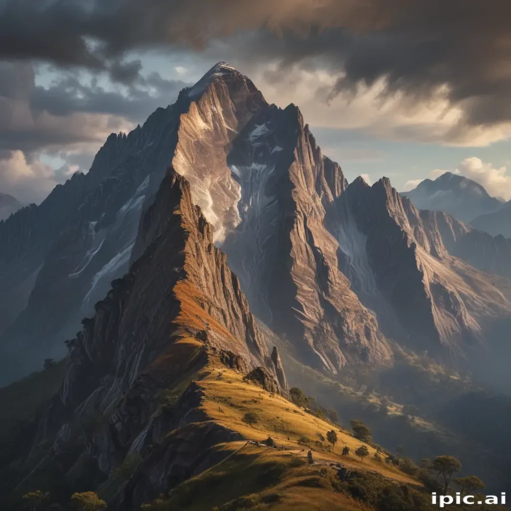 Majestic Mountain Peaks Bathed in Golden Light Under Dramatic Skies