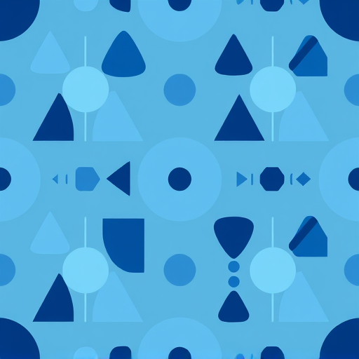 Create a seamless pattern of abstract geometric shapes in various shades of blue, featuring triangles, circles, and lines with a smooth gradient background, captured with a Canon EOS R5 at f/8, ISO 100, and a 50mm lens, in high-resolution to enhance clarity and detail.